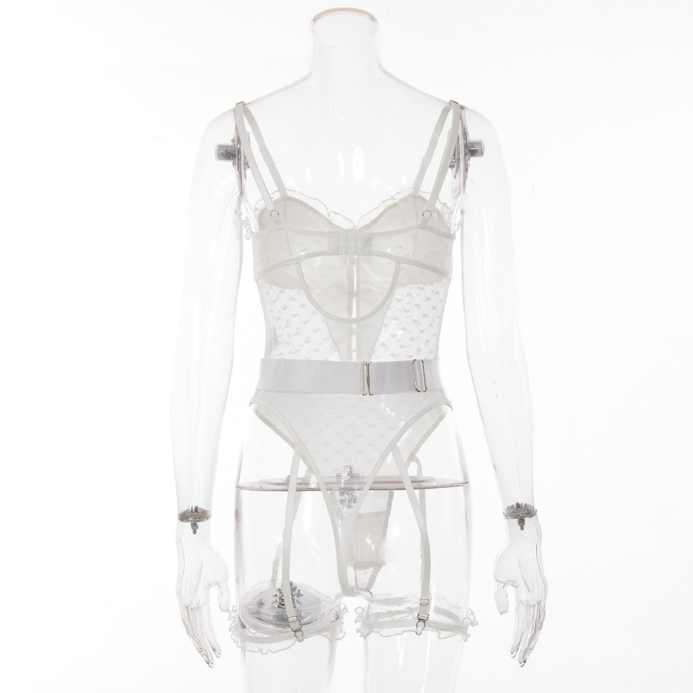 Teddy - 1 Pc White Lace Sexy Female Lingerie with Ruffled Straps and Leg Garter
