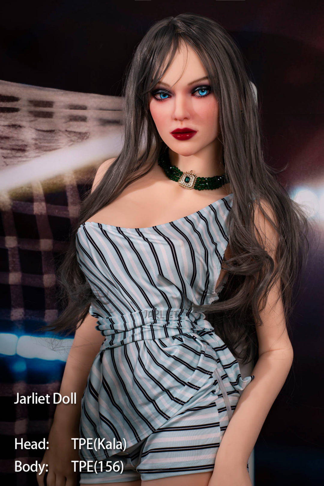 Jarliet Doll 156 cm B TPE - Kala V2 standing pose with one hand on her hip, striped playsuit, stadium-light backdrop