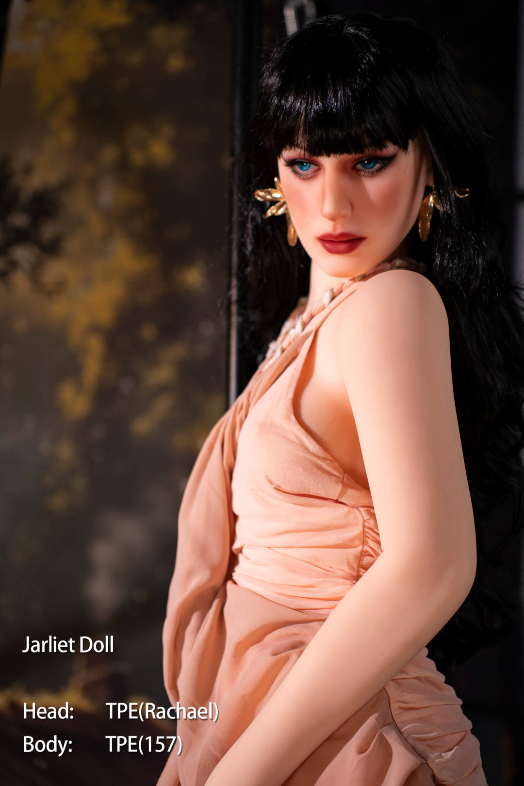 Jarliet Doll 157 cm B TPE - Rachael standing pose in the peach satin slip dress, black wavy hair, golden forest backdrop