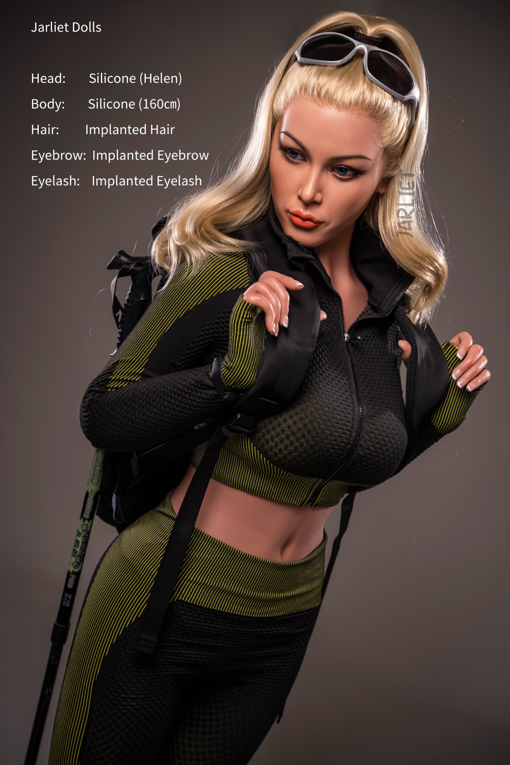 Jarliet Doll 160 cm C Silicone - Helen detailed features wearing a green and black outfit.