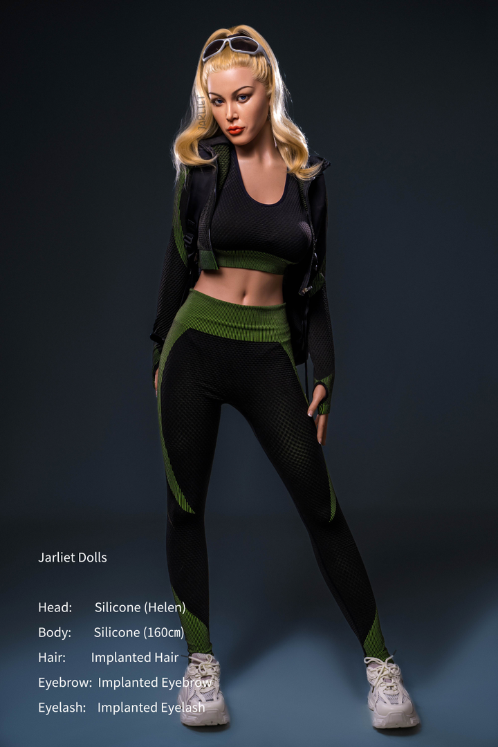 Jarliet Doll 160 cm C Silicone - Helen standing while wearing a green and black hiking outfit.