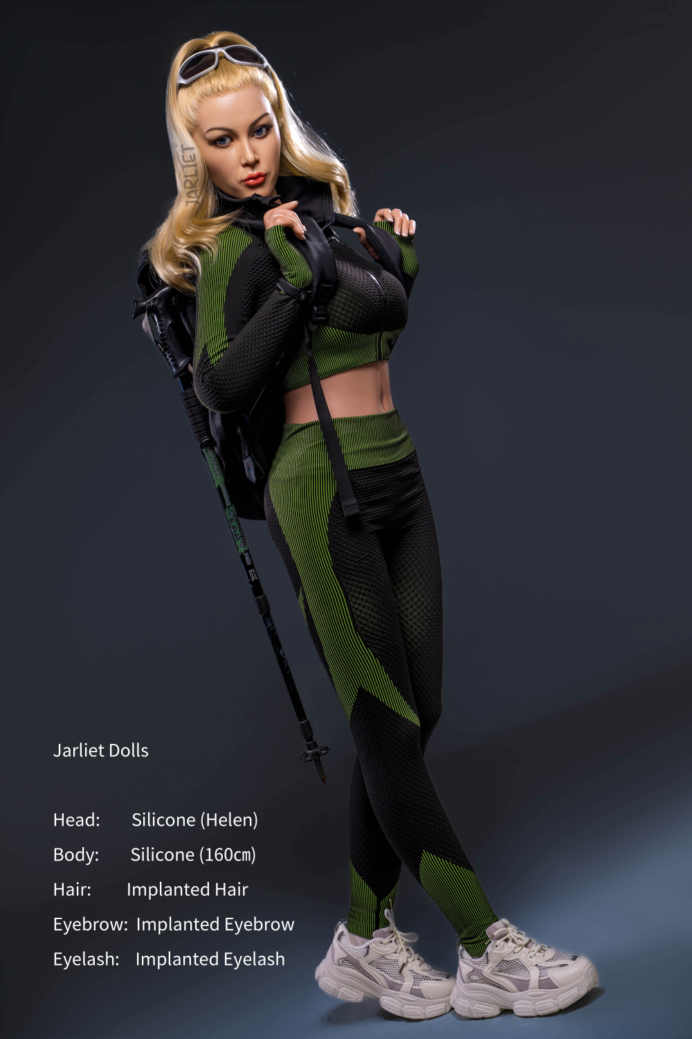 Jarliet Doll 160 cm C Silicone - Helen in green and black outfit with accessories on a dark background