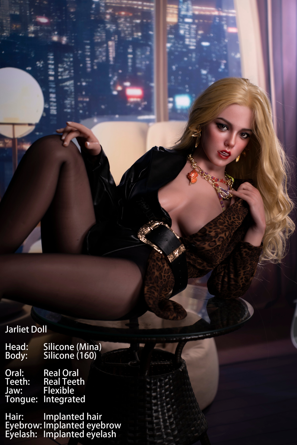 Jarliet Doll 160 cm C Silicone - Mina with detailed specifications against a cityscape background