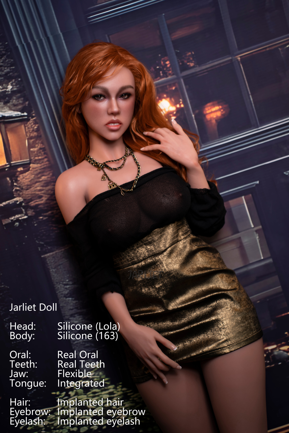 Jarliet Doll 163 cm D Silicone - Lola with red hair and a black and gold outfit against a modern background