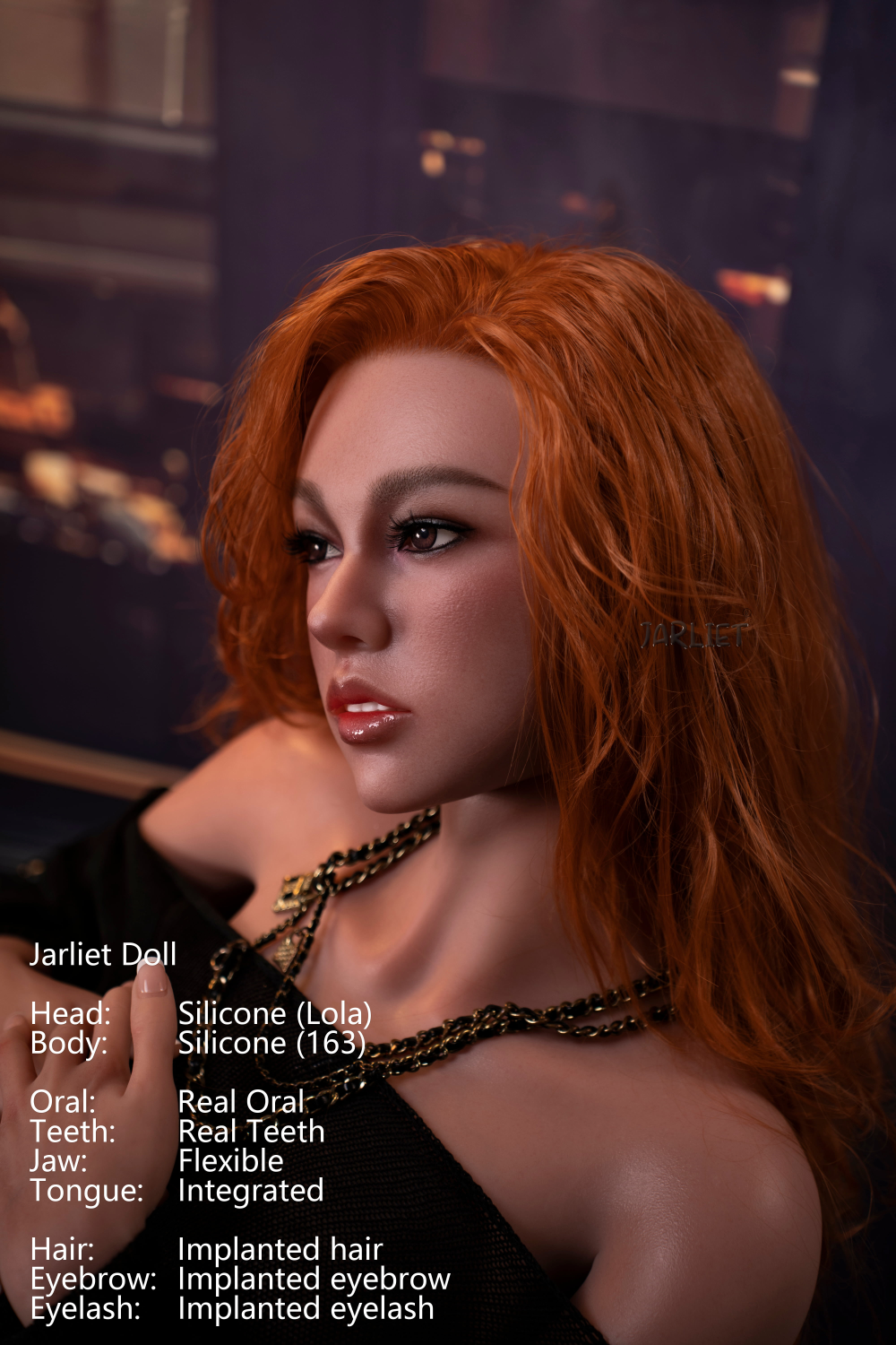 Jarliet Doll 163 cm D Silicone - Lola with red hair and black top against an indoor background