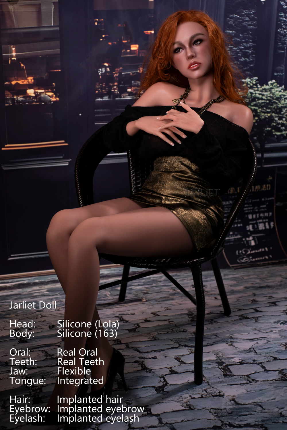 Jarliet Doll 163 cm D Silicone - Lola with red hair and black outfit sitting on a chair in an urban night setting.