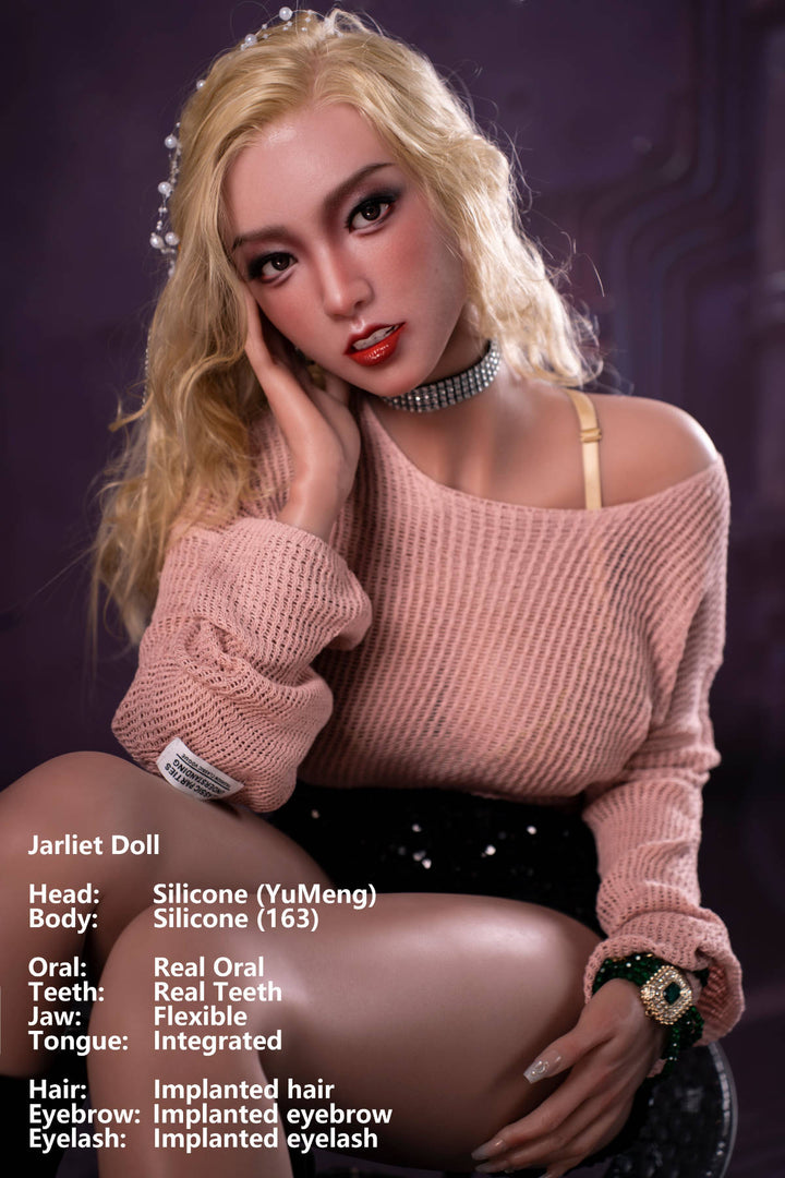 Jarliet Doll 163 cm D Silicone - YuMeng seated pose in the pink knit sweater and black skirt, purple studio backdrop