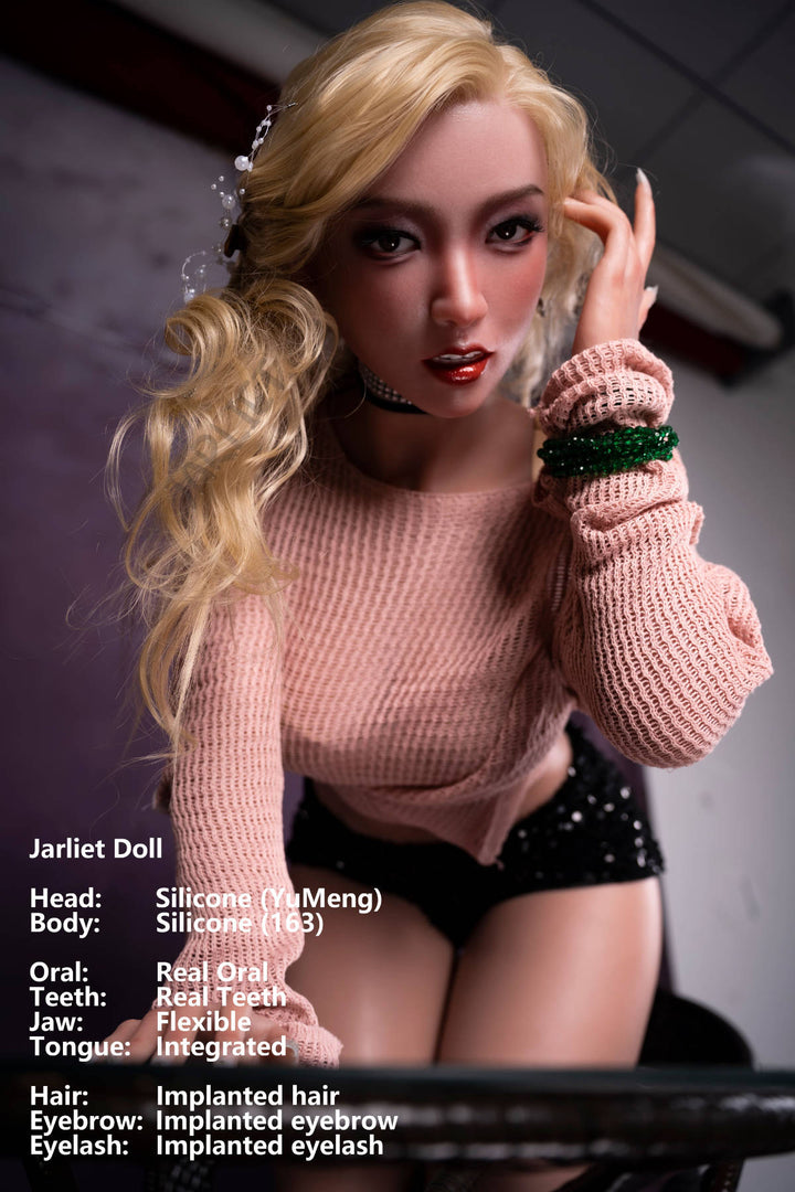 Jarliet Doll 163 cm D Silicone - YuMeng seated pose with one leg raised, pink knit sweater, purple studio backdrop