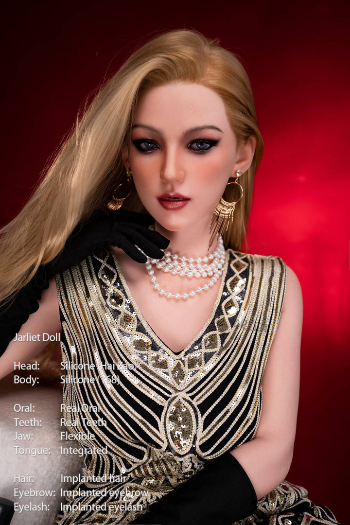 Jarliet Doll 168 cm D Silicone - Haizao close-up portrait, wavy honey-blonde hair, art-deco sequined dress with a geometric black, gold, and silver pattern, black opera gloves, pearl necklace, dramatic makeup, deep red backdrop