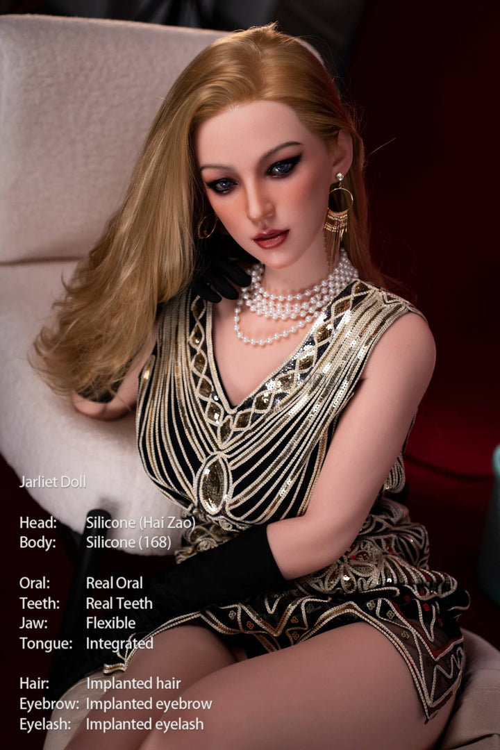 Jarliet Doll 168 cm D Silicone - Haizao seated pose in the sequined dress at a different angle, black opera gloves, white settee