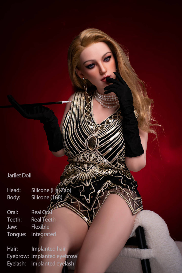 Jarliet Doll 168 cm D Silicone - Haizao seated pose with one leg raised, art-deco dress, black opera gloves, white settee