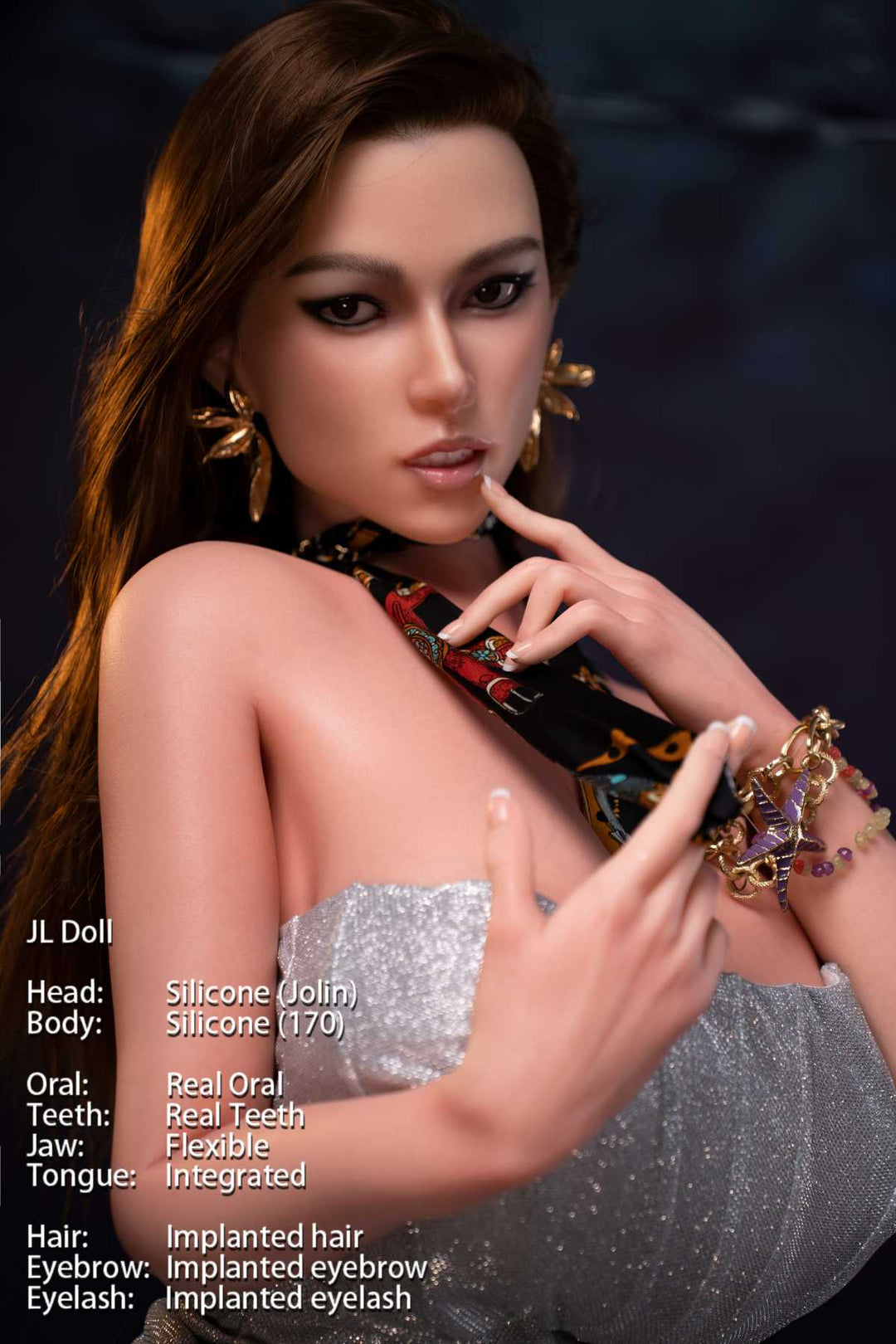 Jarliet Doll 170 cm G Silicone - Jolin wearing a silver strapless dress with patterned scarf, close-up adjusting scarf, dark textured background.