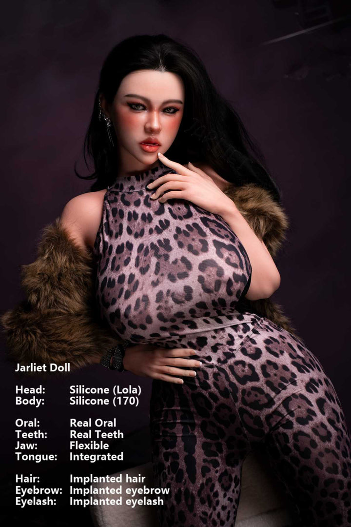 Jarliet Doll 170 cm G Silicone - Lola wearing a leopard outfit with fur coat, standing hand on chin, dark purple background.