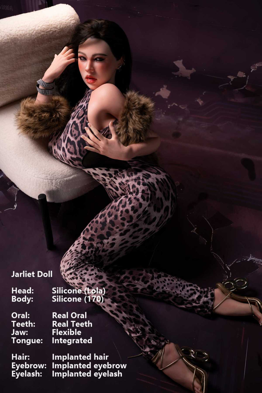 Jarliet Doll 170 cm G Silicone - Lola wearing a leopard print sexy jumpsuit with fur trim and gold heels, kneeling pose on floor, cracked purple background.