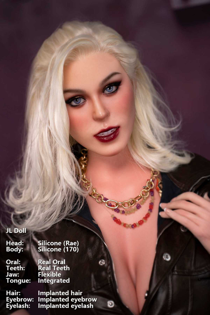 Jarliet Doll 170 cm G Silicone - Rae close-up details wearing open leather jacket against purple backdrop.