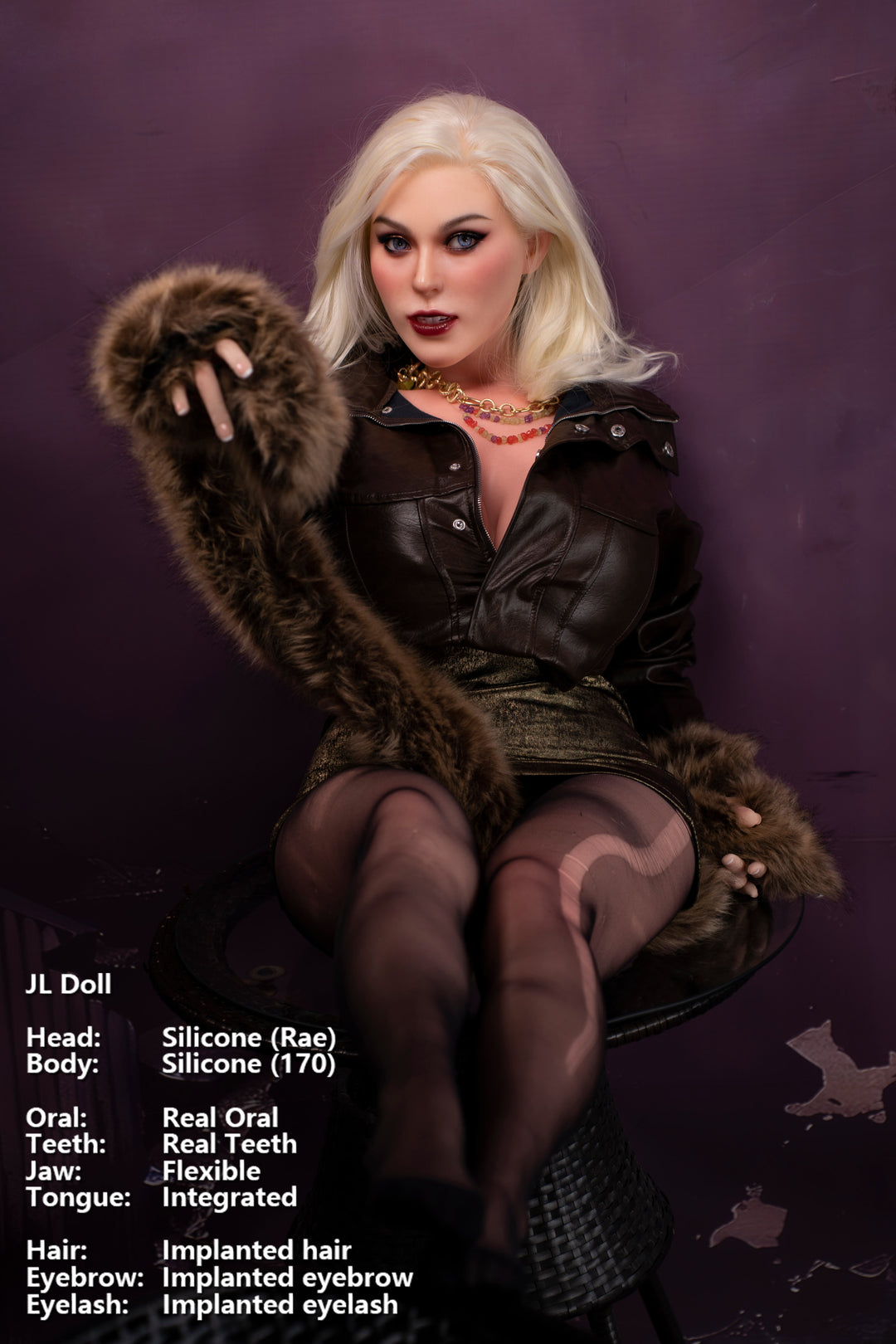 Jarliet Doll 170 cm G Silicone - Rae wearing a leather jacket paired with skirt and holding faux fur wrap, seated pose against a dark purple background.