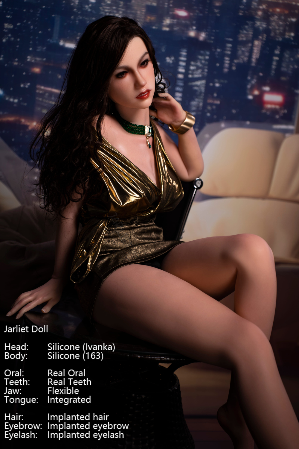 Jarliet Doll 163 cm D Silicone - Ivanka in a gold outfit with cityscape background