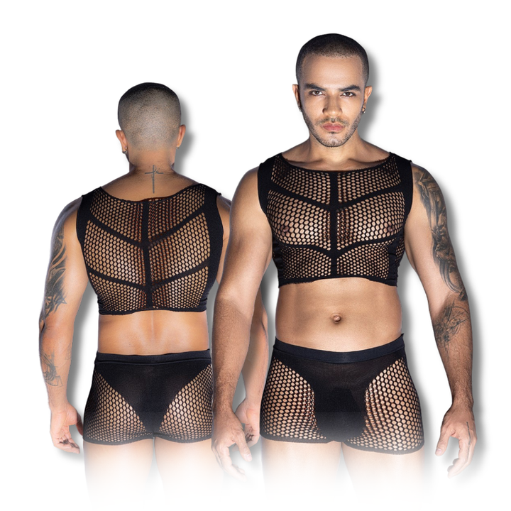 Gentsuit - 2 Pcs Men Black Nylon Fishnet Bodystocking Sleepwear