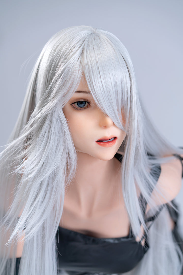 Game Lady 171 cm G Silicone Doll dressed as YorHa A2, featuring long silver hair and realistic facial detail.