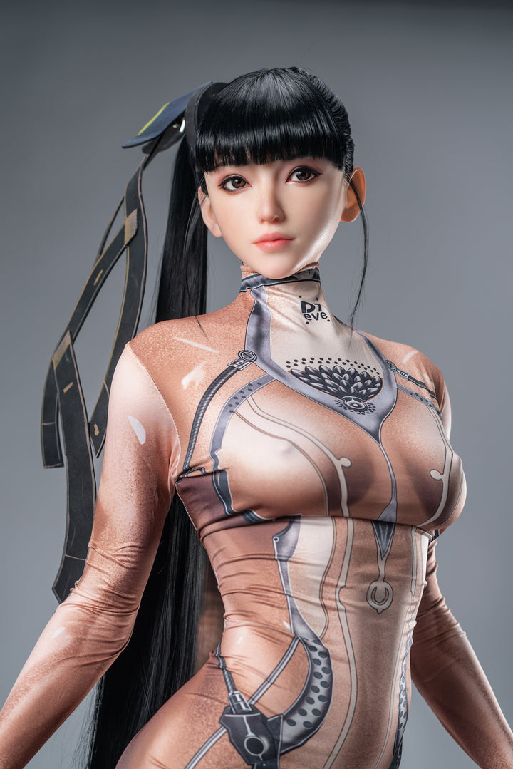 Game Lady 170 cm B Silicone doll modeled after Stellar Blade Eve (2.0), wearing a detailed futuristic bodysuit with long black hair tied in ribbon.