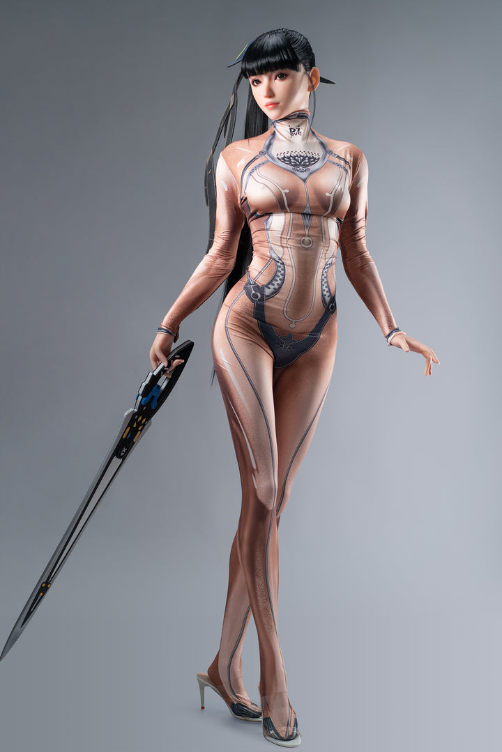 Front-facing full-body shot of the doll holding a long weapon, emphasizing her sleek physique and sci-fi theme.