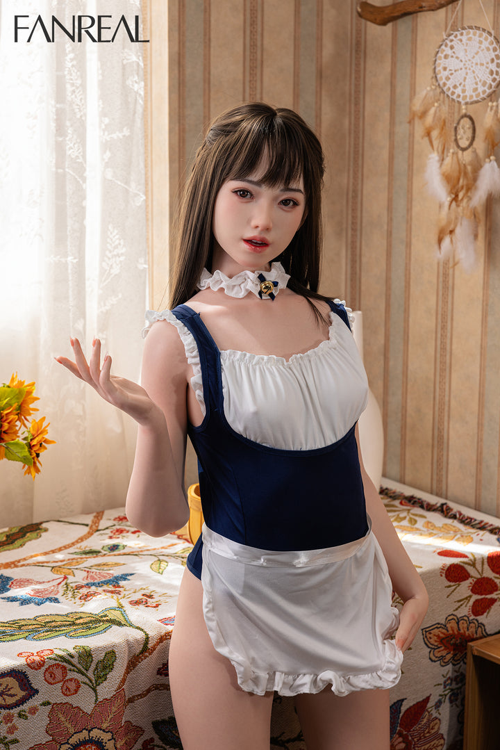 FANREAL Doll Molly V3 – 153cm B-Cup Realistic Silicone Sex Doll posed standing, wearing a blue and white maid-style outfit.
