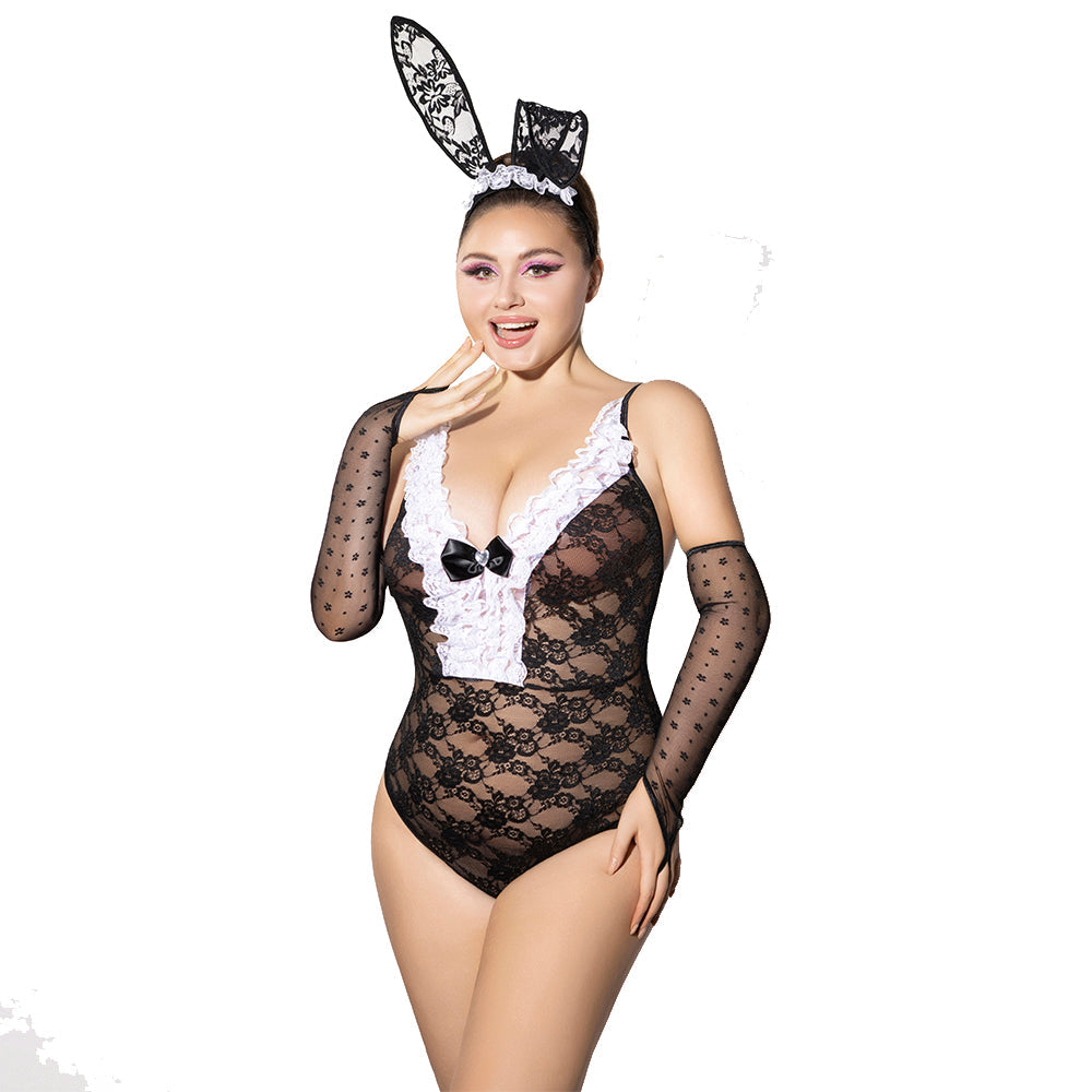 PLUS SIZE Teddy - 3 Pcs Seductive Bunny Girl Deep V Adjustable Strap Lace Costume with Long Ears Headwear and Mesh Gloves