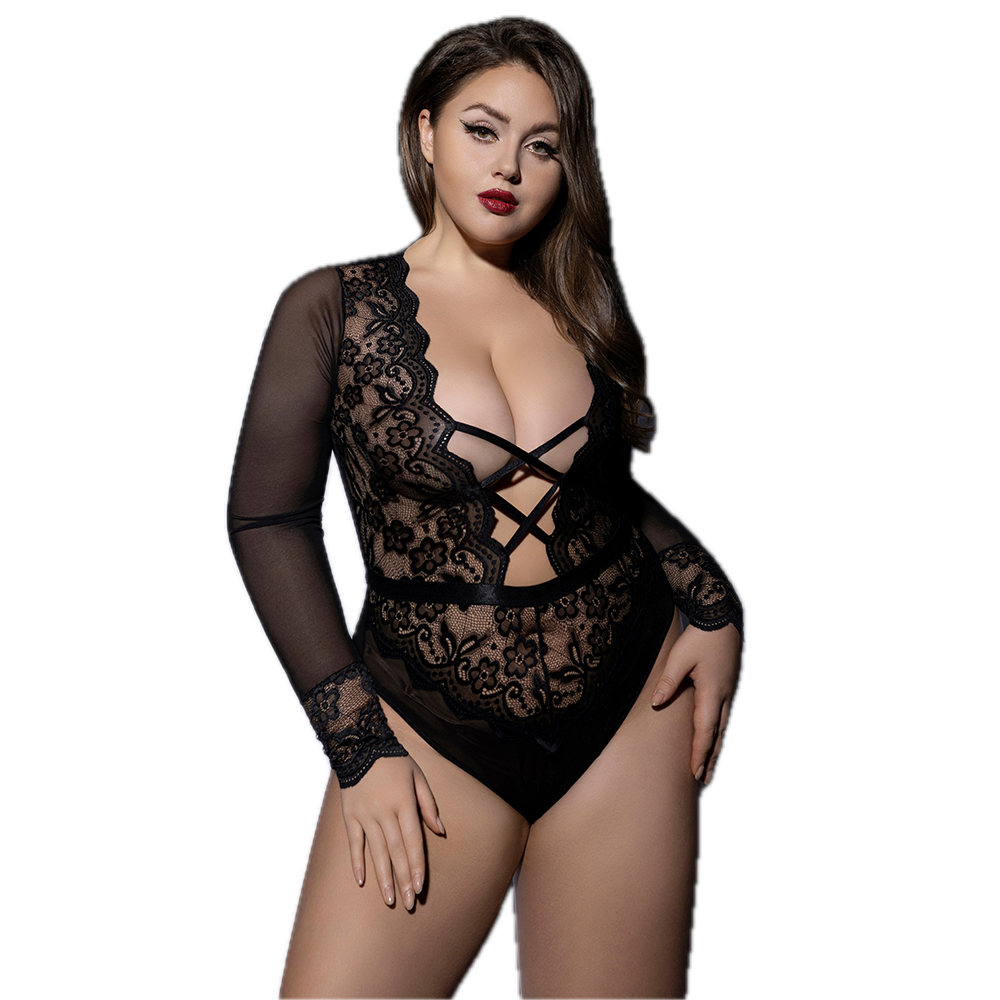 PLUS SIZE Babydoll - 2 Pieces Deep V Adjustable Strap Blackless Sleepwear with G-String Thongs