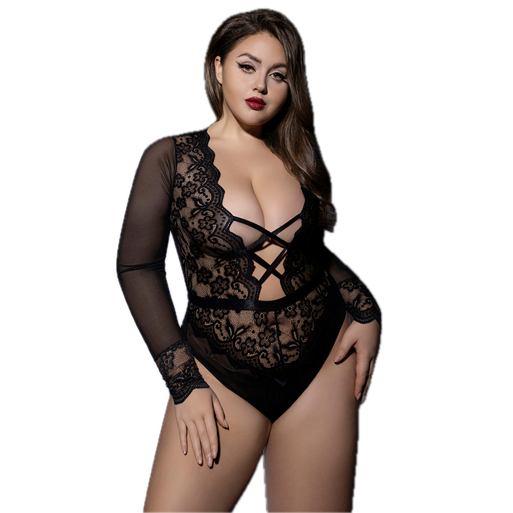 PLUS SIZE Babydoll - 2 Pieces Deep V Adjustable Strap Blackless Sleepwear with G-String Thongs
