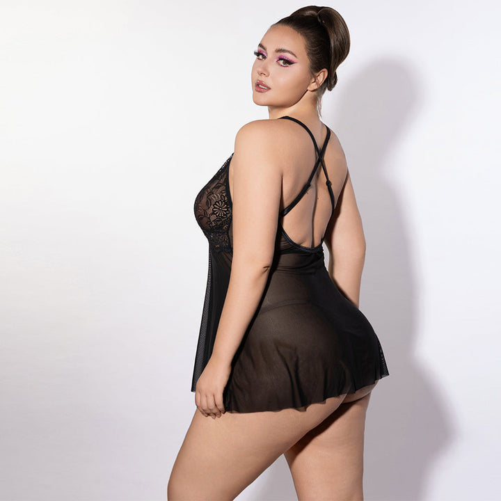 PLUS SIZE Teddy - One Piece Long Sleeve Sexy Black Backless  Bodysuit