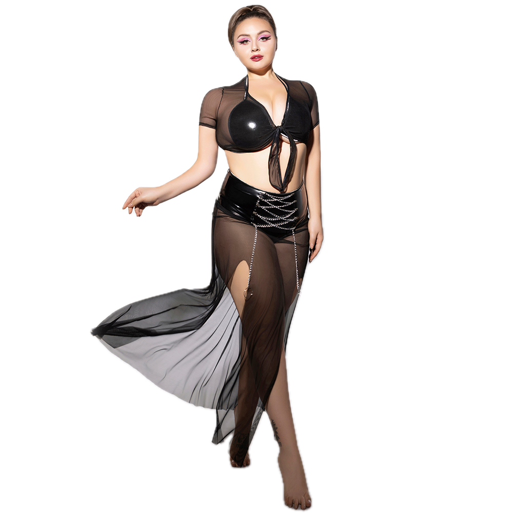 PLUS SIZE Babydoll - 3 Pcs Black See-Through Lingerie with Tie Front Top and High Waist Chain Slit Skirt