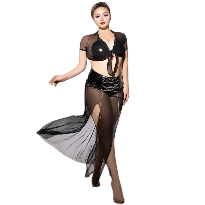 PLUS SIZE Babydoll - 3 Pcs Black See-Through Lingerie with Tie Front Top and High Waist Chain Slit Skirt