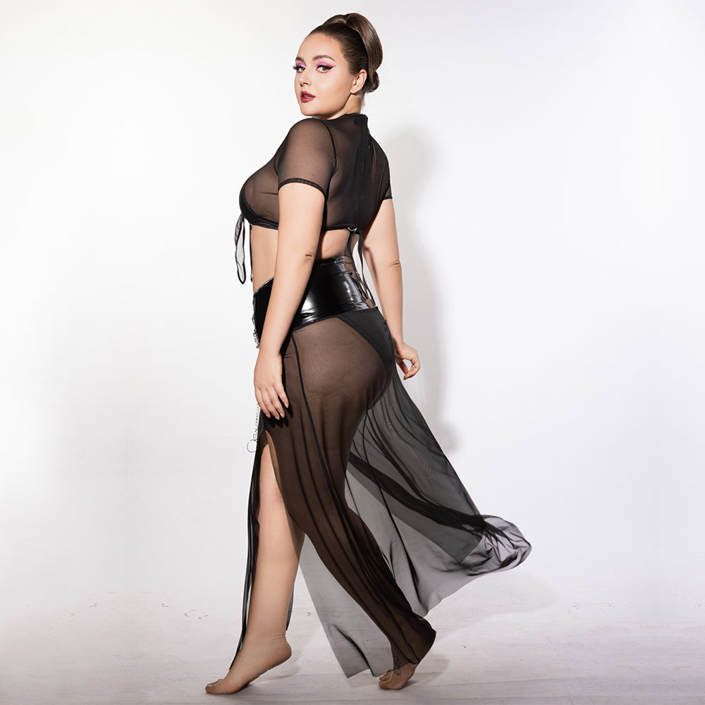 PLUS SIZE Babydoll - 3 Pcs Black See-Through Lingerie with Tie Front Top and High Waist Chain Slit Skirt