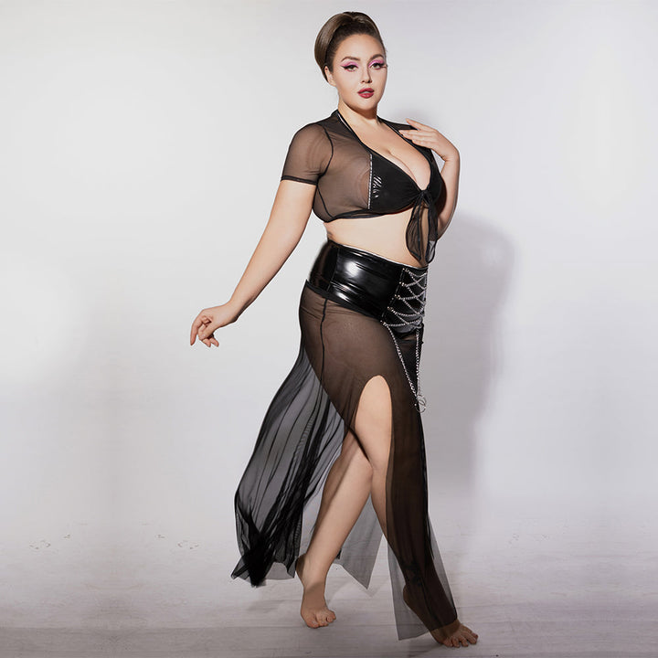 PLUS SIZE Babydoll - 3 Pcs Black See-Through Lingerie with Tie Front Top and High Waist Chain Slit Skirt