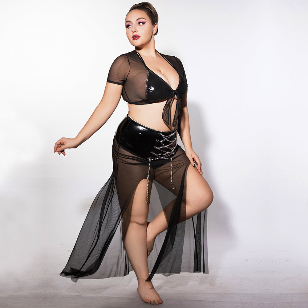 PLUS SIZE Babydoll - 3 Pcs Black See-Through Lingerie with Tie Front Top and High Waist Chain Slit Skirt