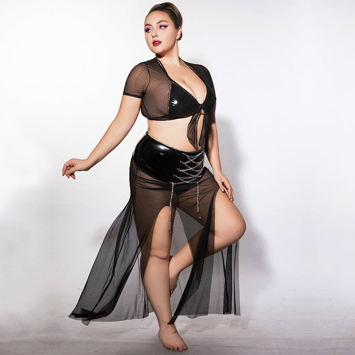 PLUS SIZE Babydoll - 3 Pcs Black See-Through Lingerie with Tie Front Top and High Waist Chain Slit Skirt