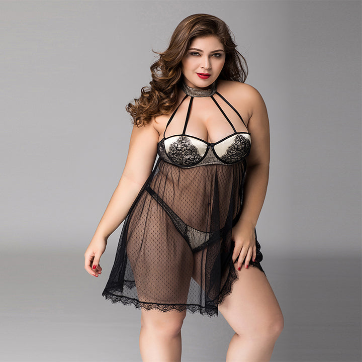 PLUS SIZE Babydoll - 2 Pcs Sheer Mesh Black Women's Lingerie with Lace Bra Detail and Thong Set