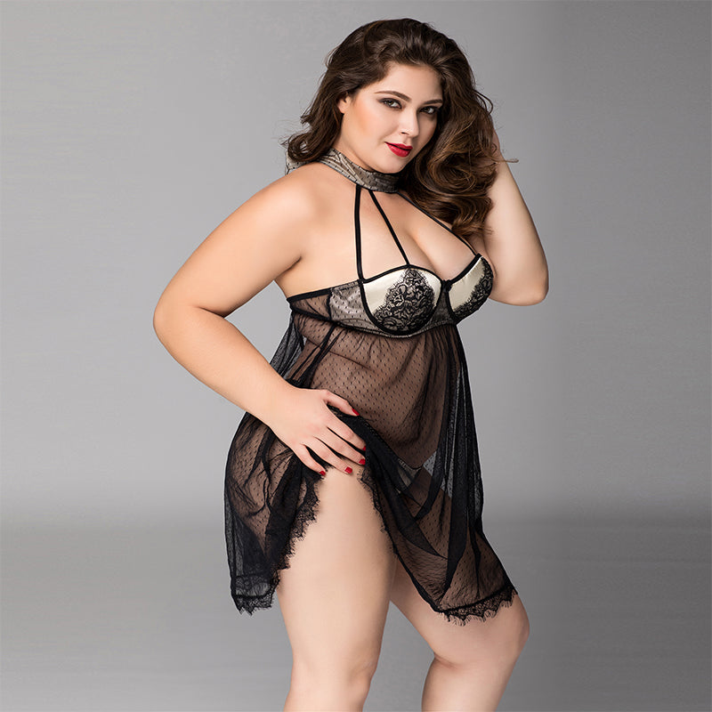 PLUS SIZE Babydoll - 2 Pcs Sheer Mesh Black Women's Lingerie with Lace Bra Detail and Thong Set
