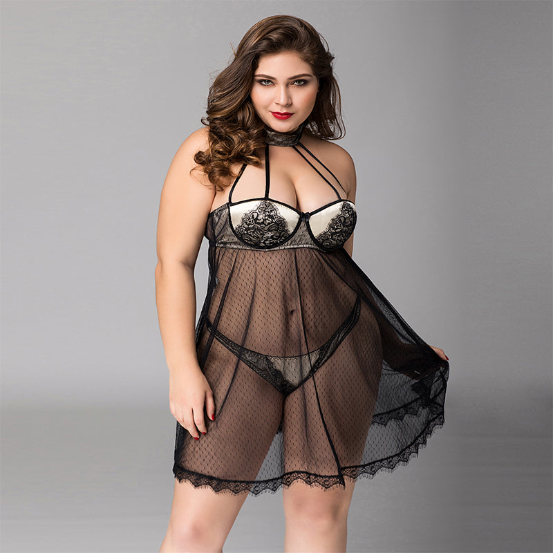 PLUS SIZE Babydoll - 2 Pcs Sheer Mesh Black Women's Lingerie with Lace Bra Detail and Thong Set