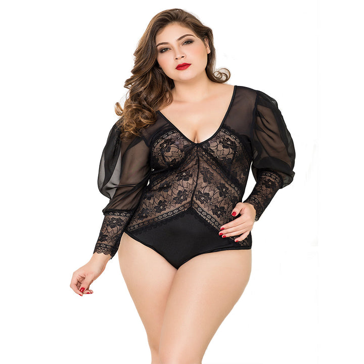 PLUS SIZE Teddy - One Piece Sexy Black Lace Long Sleeve Semi Transparent Sleepwear