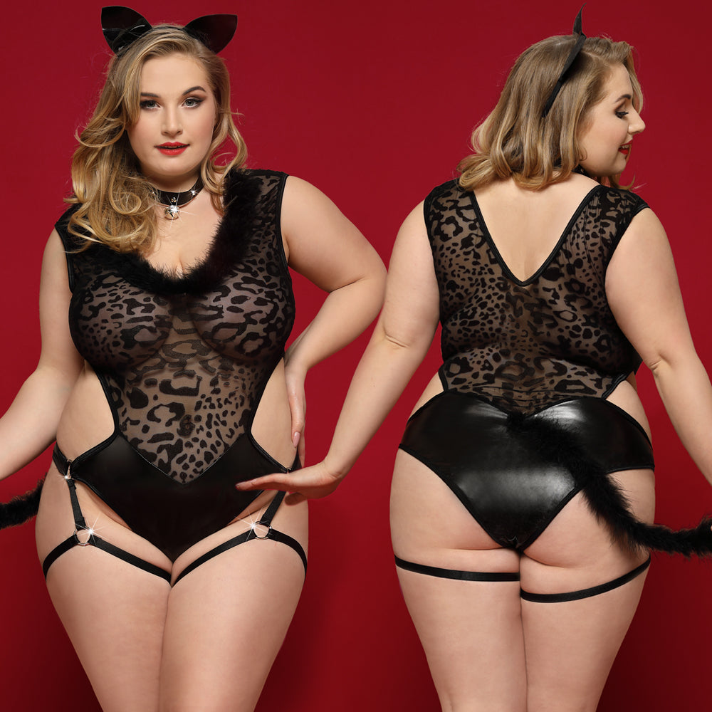 PLUS SIZE Roleplay Set - 3 Pcs Sheer Black Leopard Bodysuit with Cat Ears and Collar
