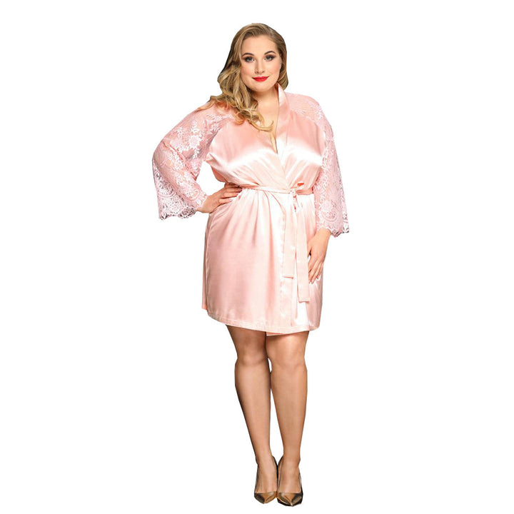 PLUS SIZE Babydoll - 3 Pcs Soft Pink Sleepwear Robe with Floral Lace Long Sleeves and Waist Belt