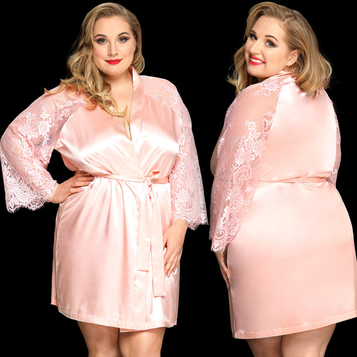 PLUS SIZE Babydoll - 3 Pcs Soft Pink Sleepwear Robe with Floral Lace Long Sleeves and Waist Belt