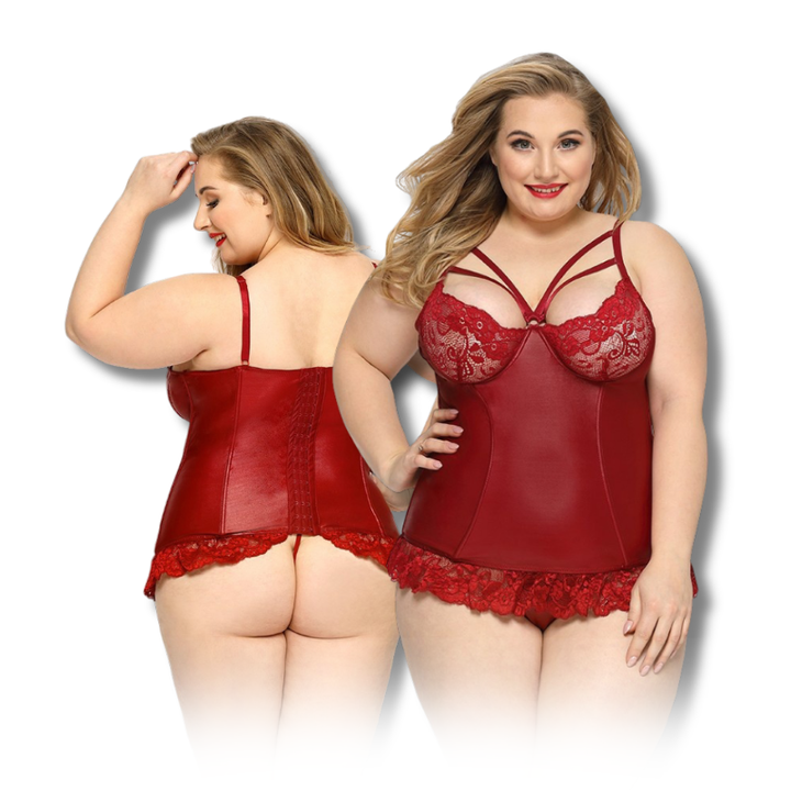 PLUS SIZE Bodysuit - 2 Pcs Red Faux Leather Floral Lace Corset with Hook Back Closure and Matching Thongs