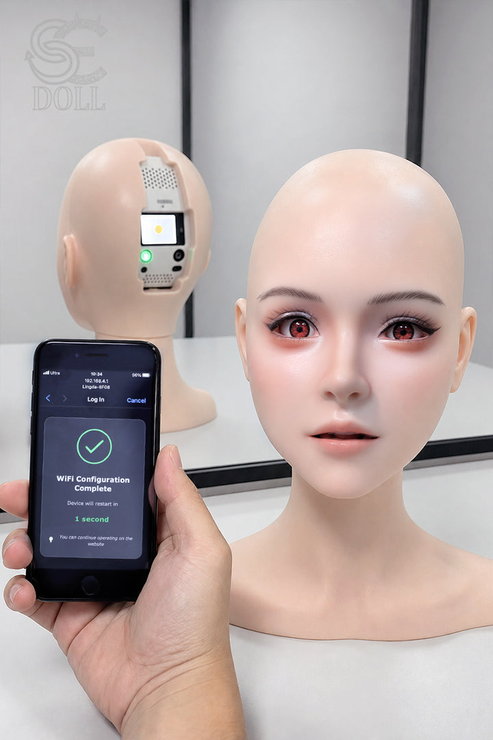SEDOLL SE X-Bot AI head with a phone displaying a configuration screen.
