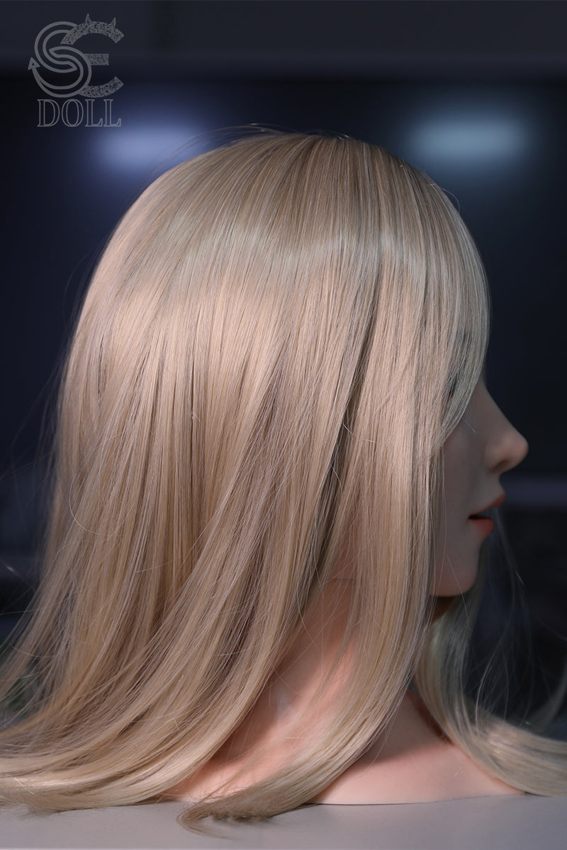 SEDOLL SE X-Bot AI head right side view with long blonde hair on a dark background