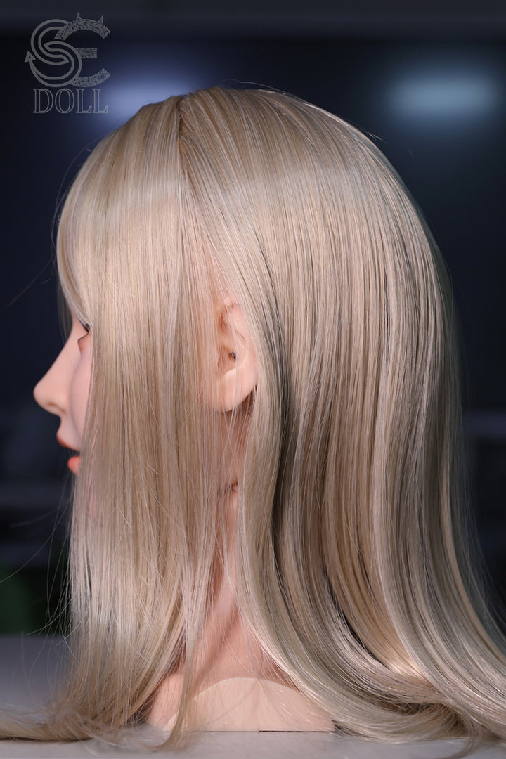SEDOLL SE X-Bot AI head right side view with long blonde hair on a dark background