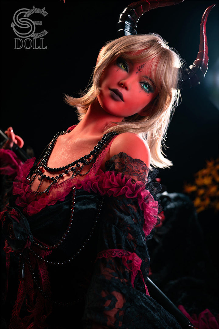 SEDOLL 153 cm A TPE - Elf Samantha.L – seated in a crimson and black ruffled dress against a dark backdrop