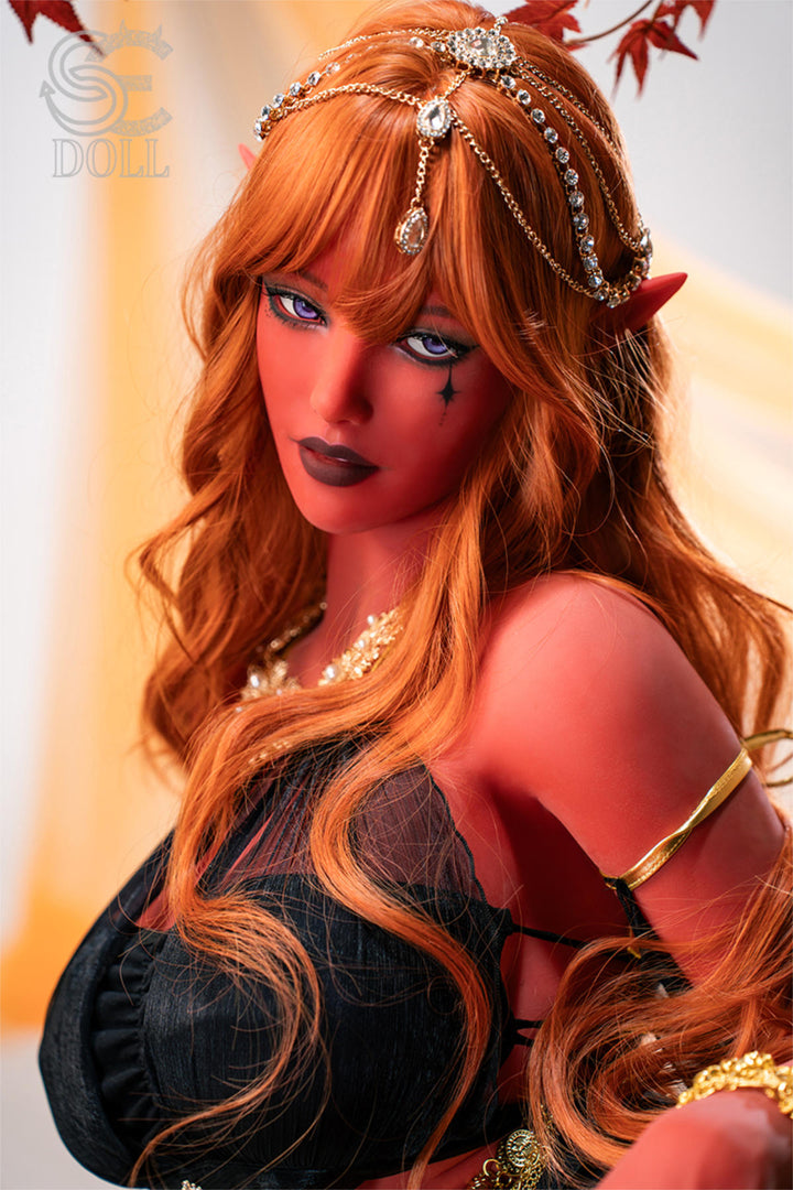 SEDOLL 157 cm H TPE - Elf Luis.G – close-up with pointed elf ears and gold jewellery, copper hair over her shoulders