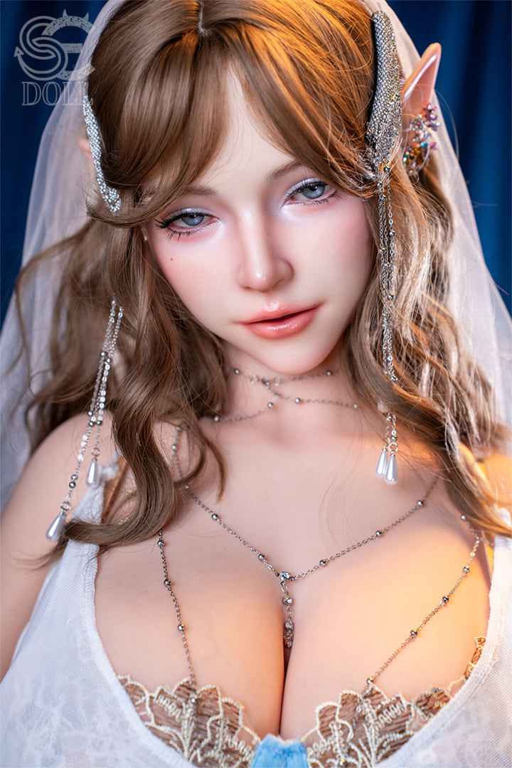 SEDOLL 157 cm I Silicone - Annika.L close-up upper body shot in blue lace lingerie with white veil and elf ear accessories, long auburn wavy hair, dark fantasy background
